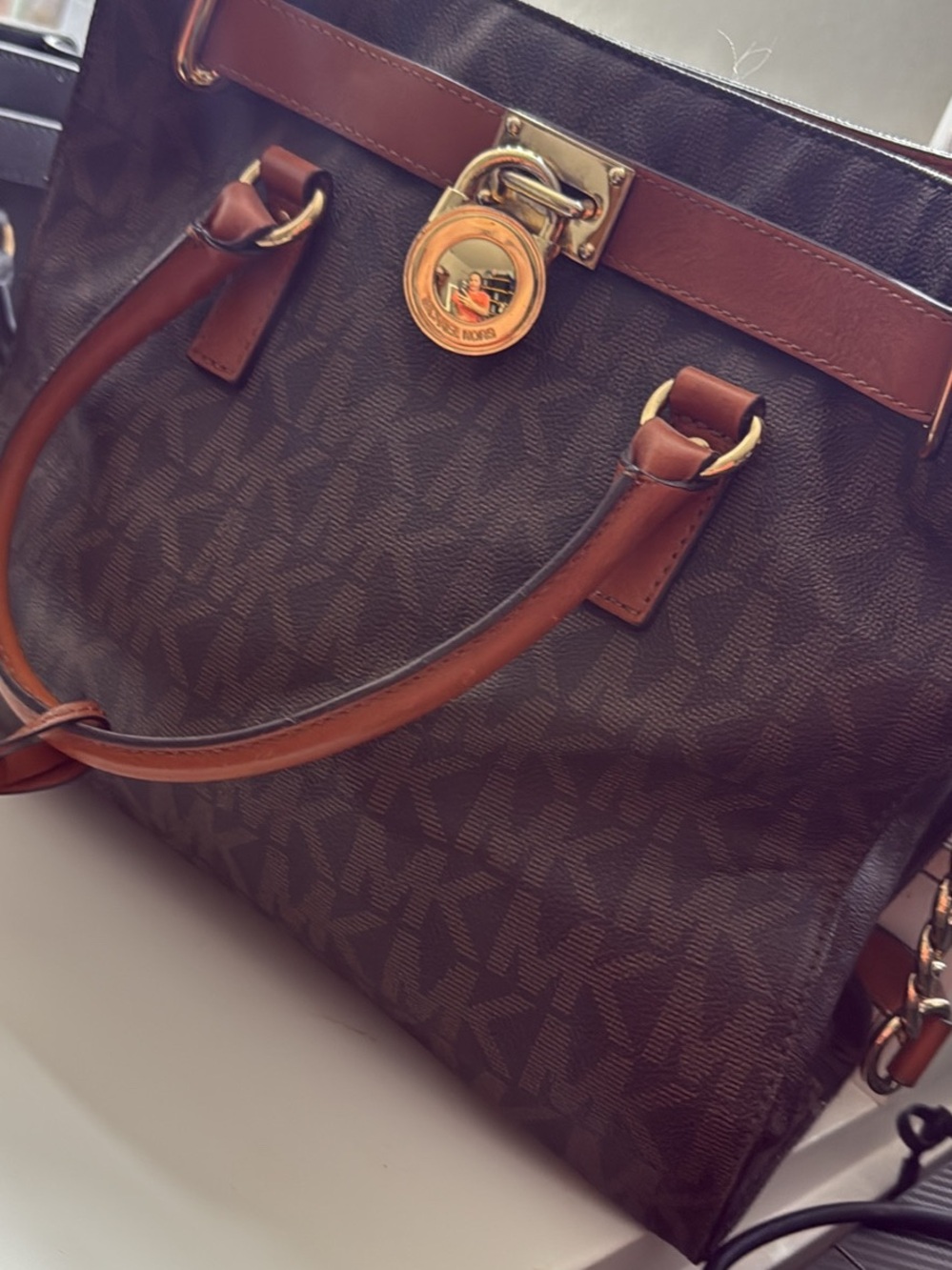 Michael Kors Dark Brown MK Logo Satchel with Tan Trim and Gold Tone Hardware